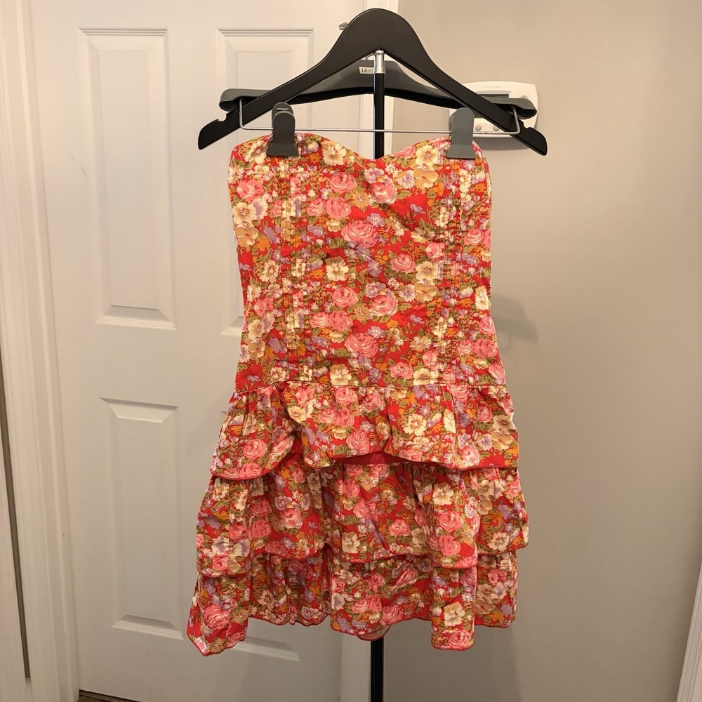 9 Degrees Floral Tiered Ruffle Strapless Dress Red Pink Cotton‎ Sm Coquette EUC